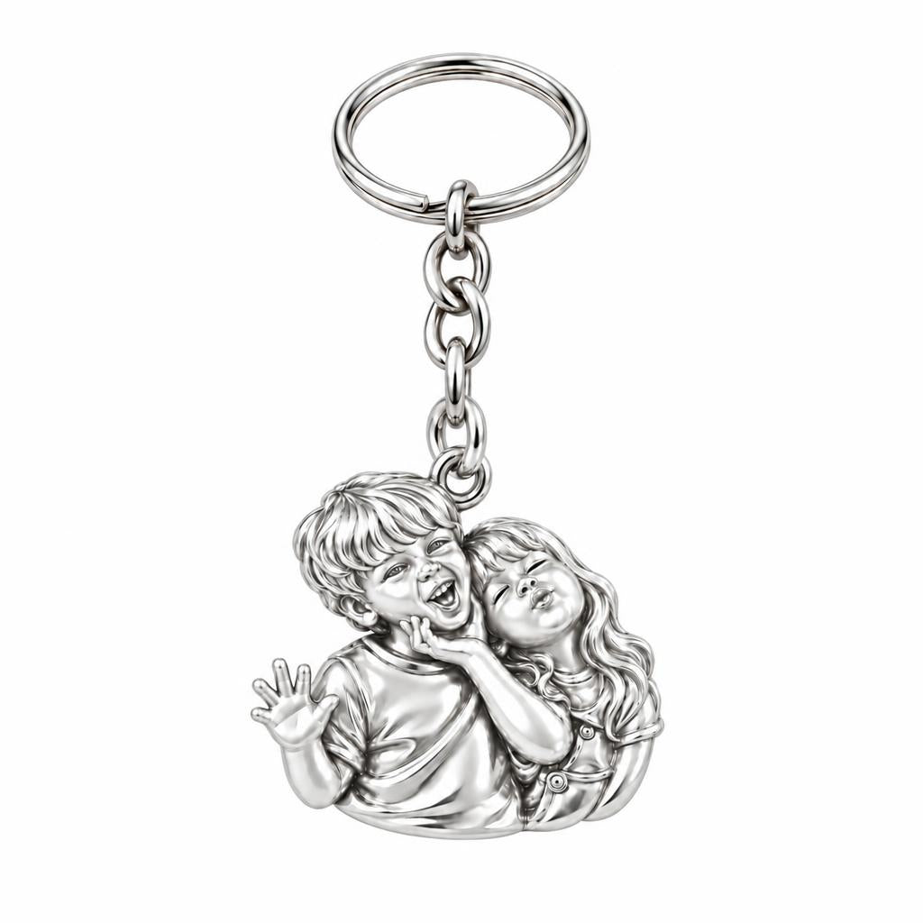 Laughter and Love Siblings Charm Keychain – silver, front view