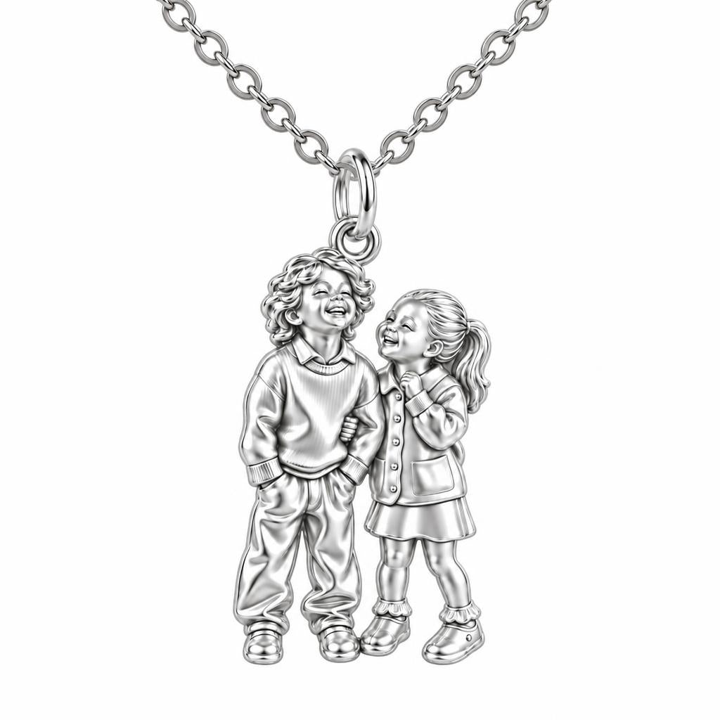 Laughter and Love Siblings Charm Necklace Set – silver, front view
