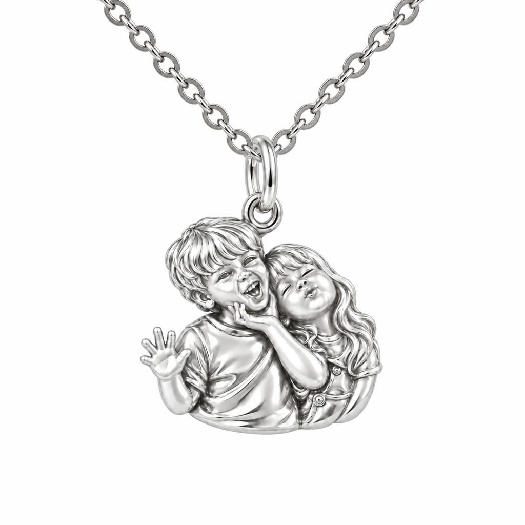 Laughter and Love Siblings Charm Necklace Set – silver, front view