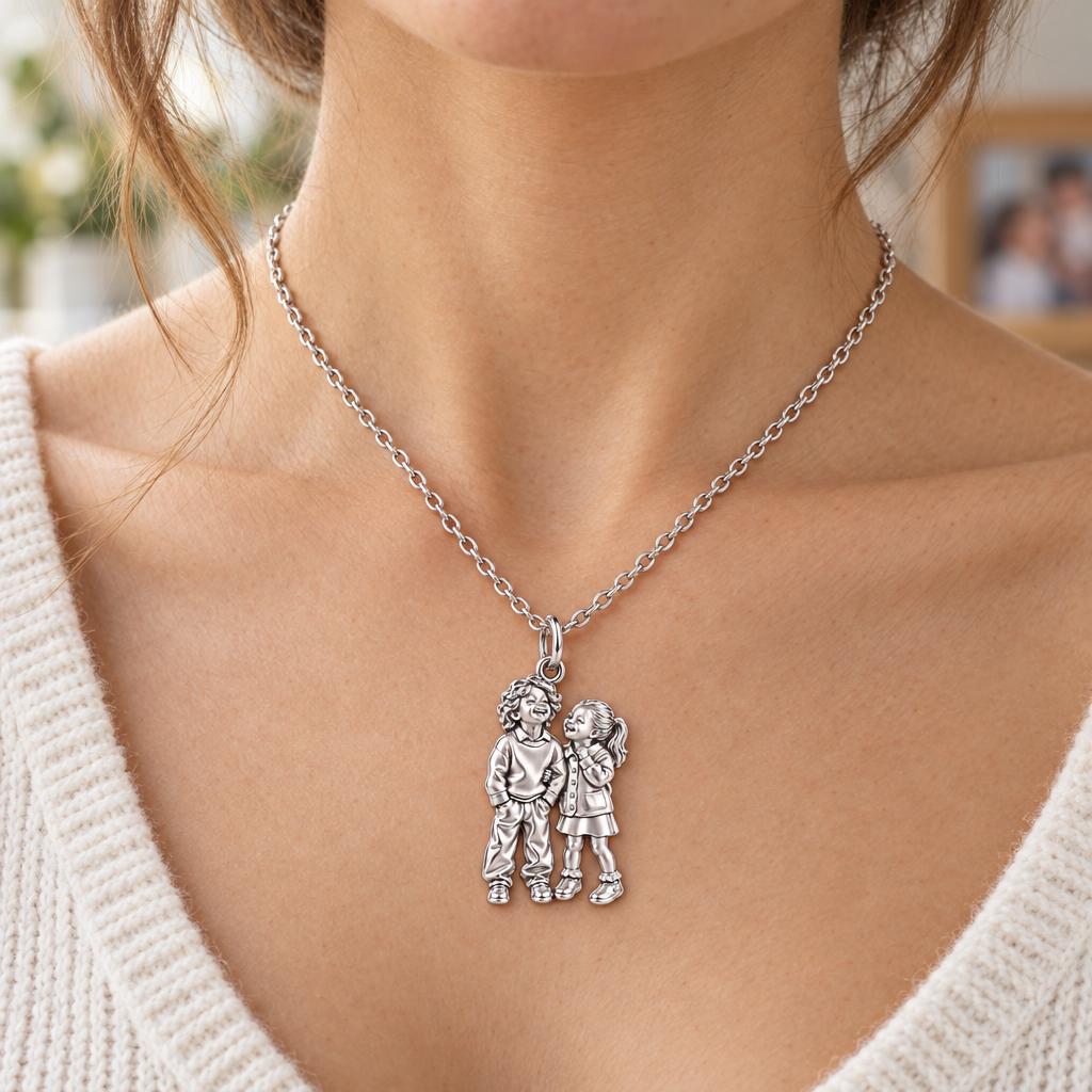 Laughter and Love Siblings Charm Necklace Set – worn / in use