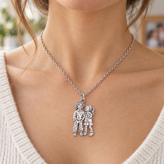 Laughter and Love Siblings Charm Necklace Set – worn / in use