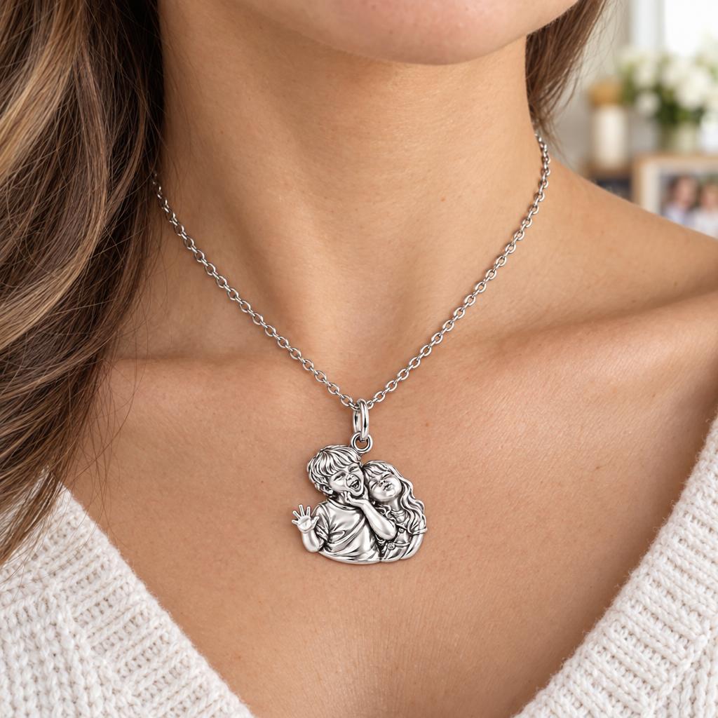 Laughter and Love Siblings Charm Necklace Set – worn / in use