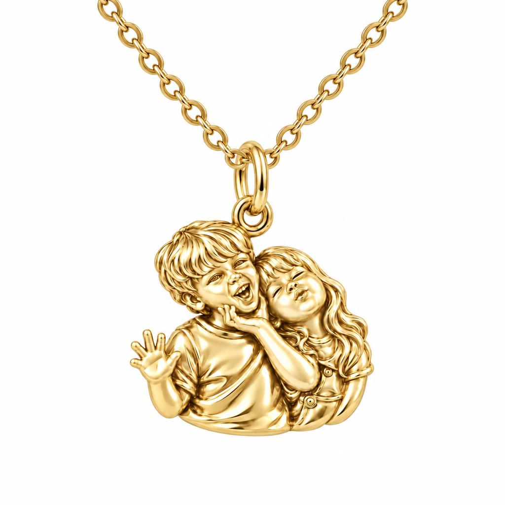 Laughter and Love Siblings Charm Necklace Set – 18K gold, front view