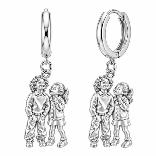 Laughter and Love Siblings Huggie Charm Earrings – silver, front view