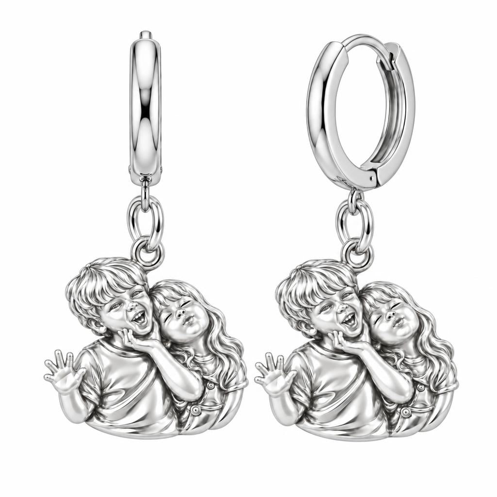 Laughter and Love Siblings Huggie Charm Earrings – silver, front view