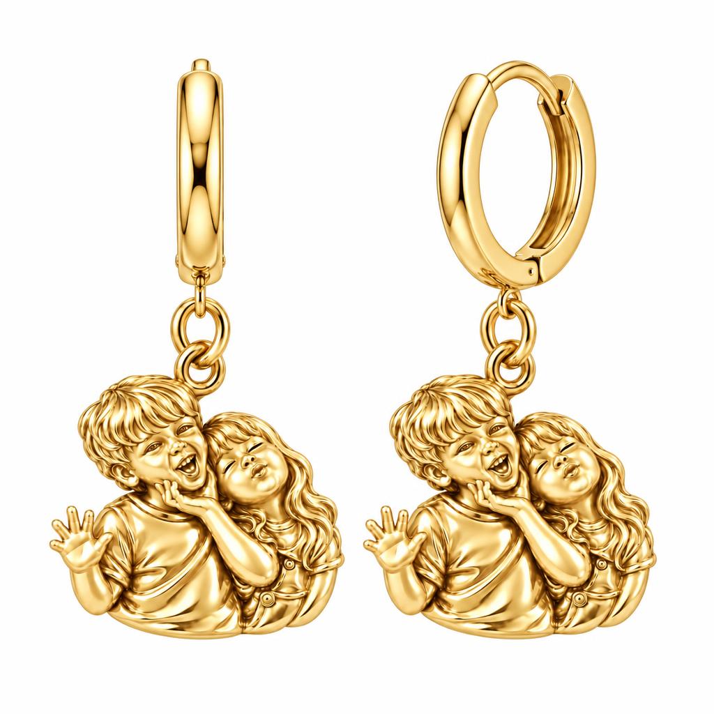 Laughter and Love Siblings Huggie Charm Earrings – 18K gold, front view