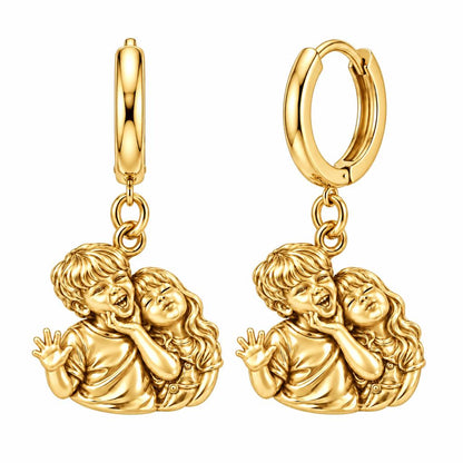 Laughter and Love Siblings Huggie Charm Earrings – 18K gold, front view