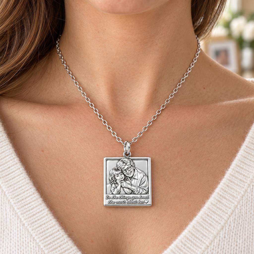 Legacy Portrait Frame Charm Necklace Set – worn / in use