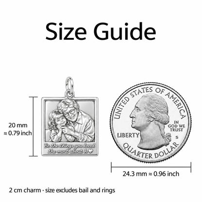 Legacy Portrait Frame Charm Necklace Set – size guide, 13 mm charm next to a quarter