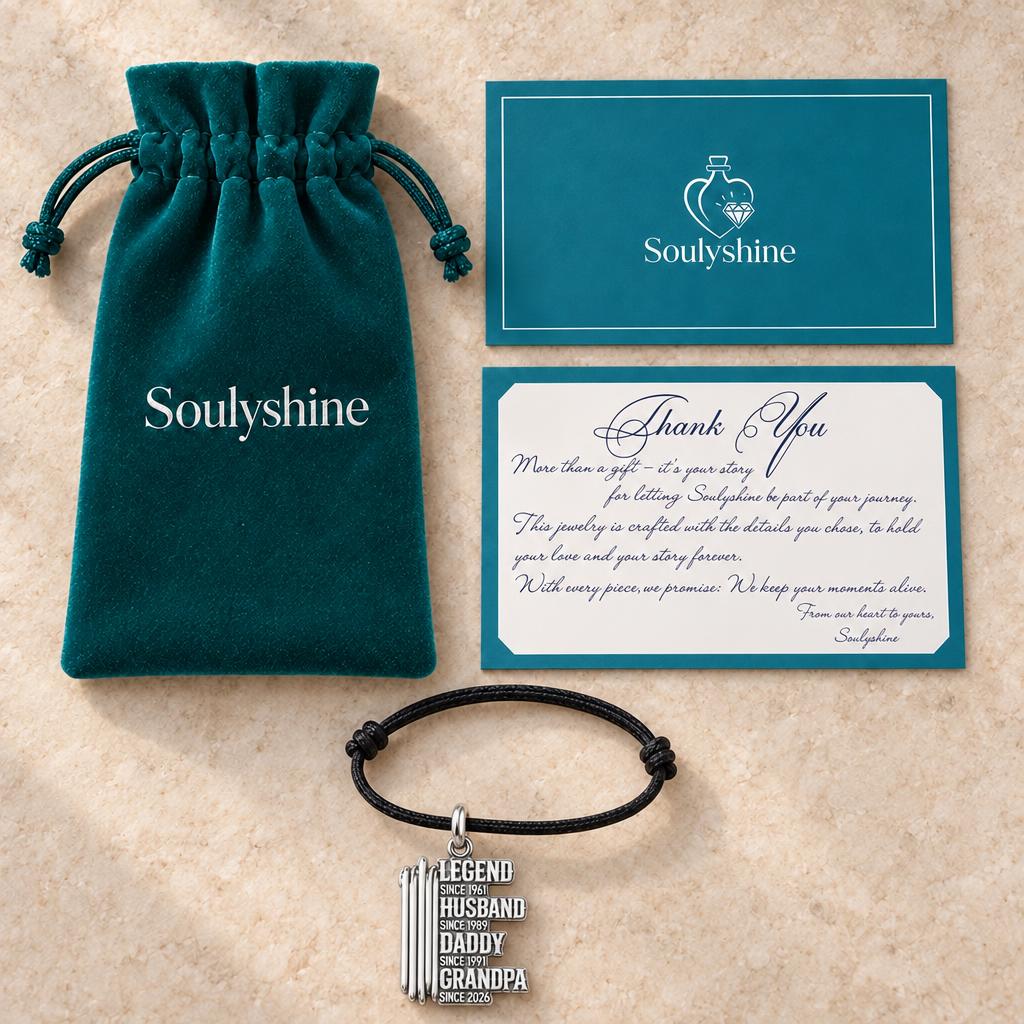 Legacy Timeline Charm Bracelet – Personalized Grandpa Gift – Soulyshine velvet pouch and gift card