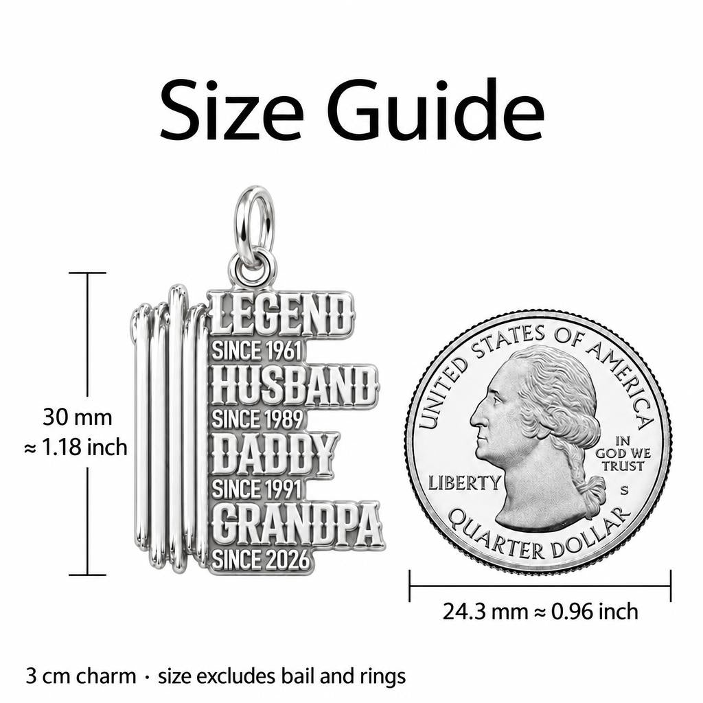 Legacy Timeline Charm Bracelet – Personalized Grandpa Gift – size guide, 3 cm charm next to a quarter