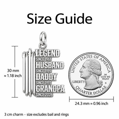 Legacy Timeline Charm Bracelet – Personalized Grandpa Gift – size guide, 3 cm charm next to a quarter