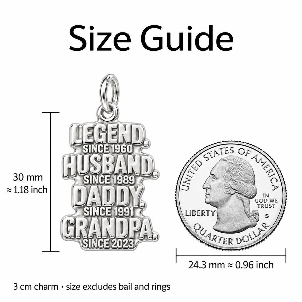 Legend Husband Daddy Grandpa Charm Bracelet – Personalized Grandpa – size guide, 3 cm charm next to a quarter
