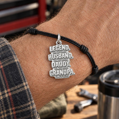 Legend Husband Daddy Grandpa Charm Bracelet – Personalized Grandpa – worn on the wrist on a black cord bracelet