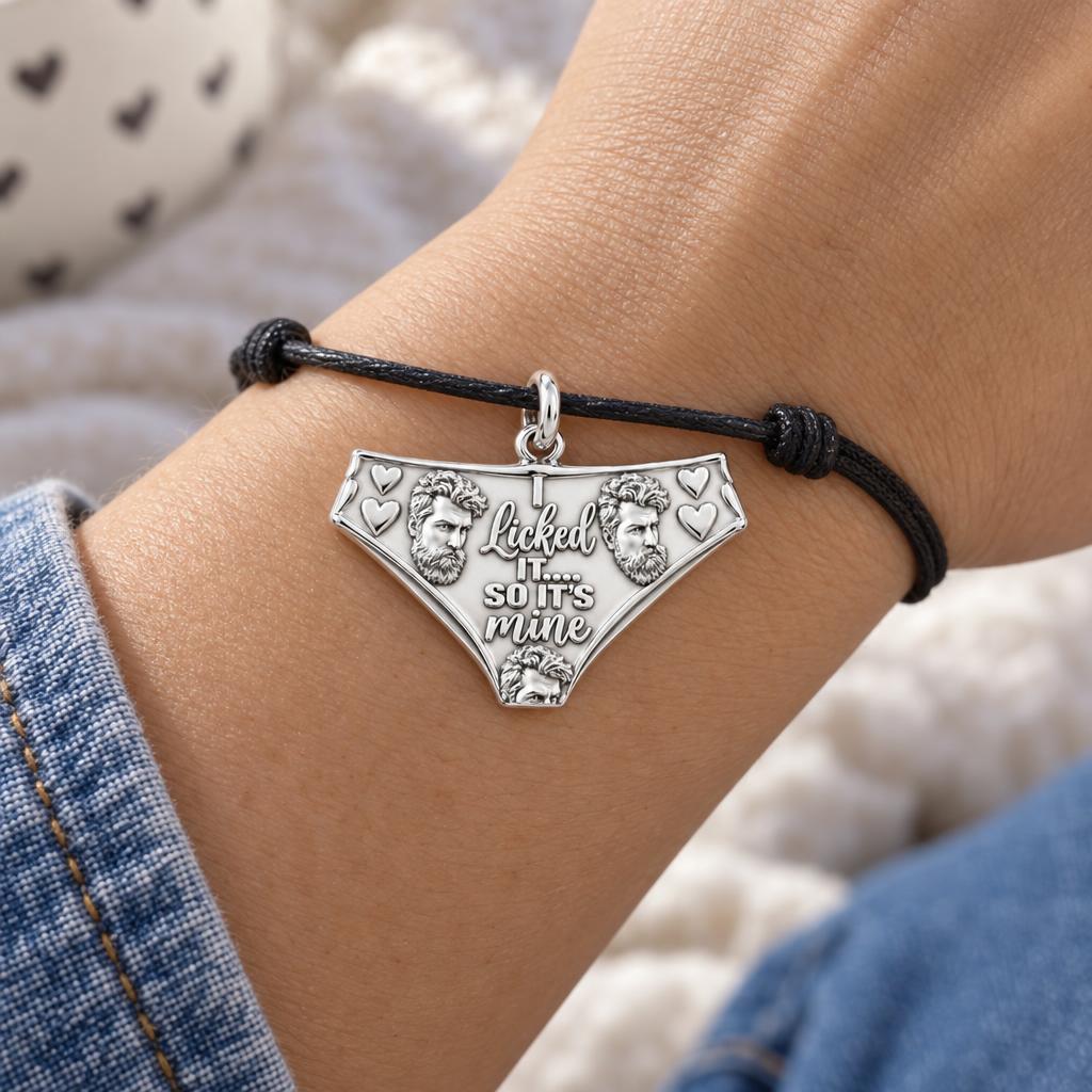 Licked It Bikini Briefs Charm Bracelet – Personalized Couple Gift – worn on the wrist on a black cord bracelet