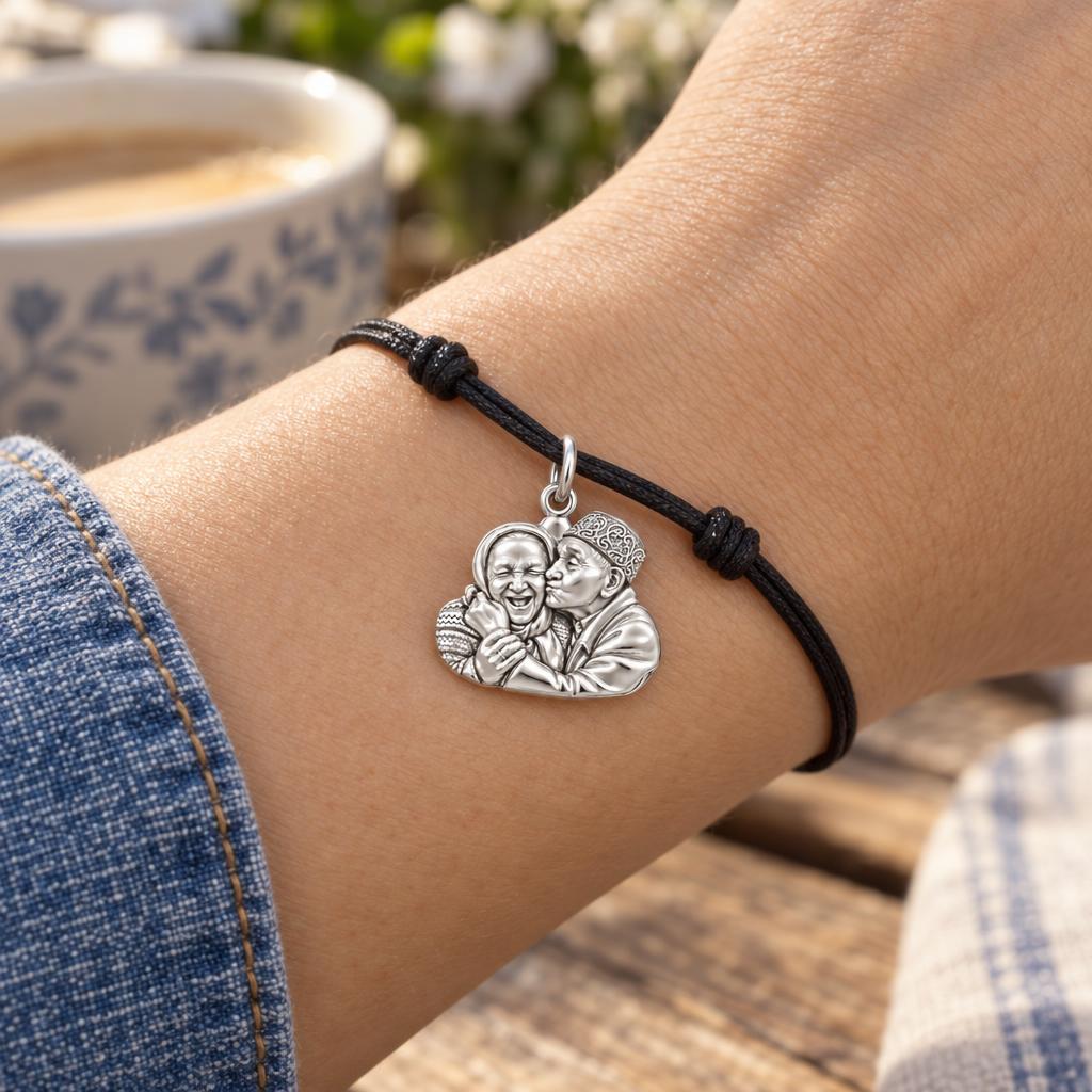 Lifelong Devotion Portrait Charm Bracelet – Personalized Couple Gift – worn on the wrist on a black cord bracelet