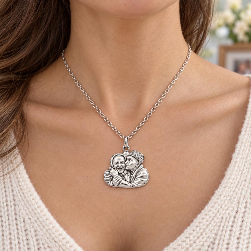 Lifelong Devotion Portrait Charm Necklace Set – worn / in use