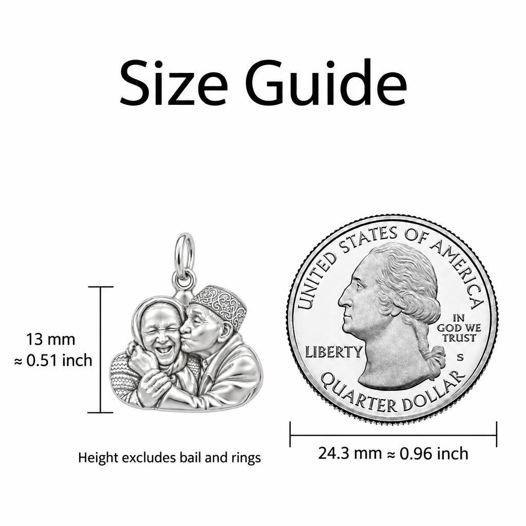 Lifelong Devotion Portrait Huggie Charm Earrings – size guide, 13 mm charm next to a quarter