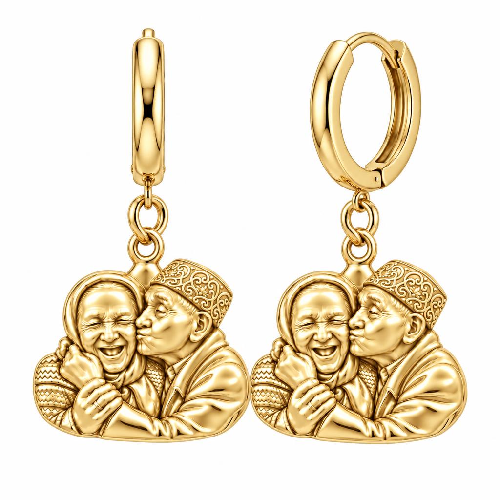 Lifelong Devotion Portrait Huggie Charm Earrings – 18K gold, front view
