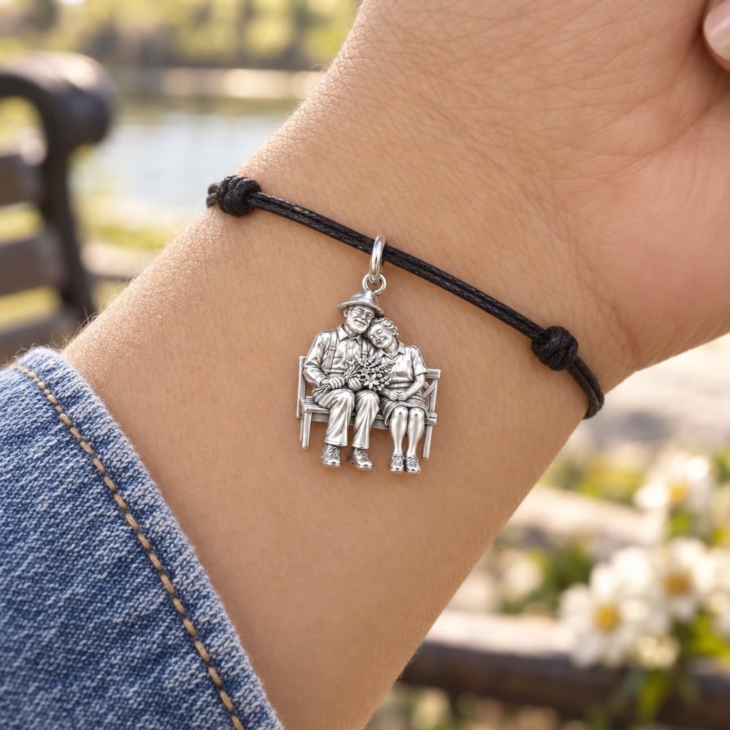 Lifetime Love Park Bench Charm Bracelet – Personalized Couple Gift – worn on the wrist on a black cord bracelet