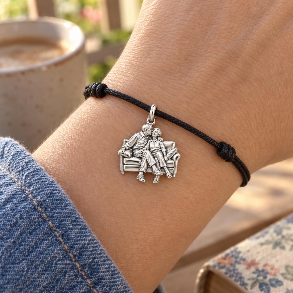 Lifetime of Love Sofa Charm Bracelet – Personalized Couple Gift – worn on the wrist on a black cord bracelet
