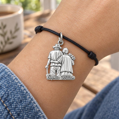 Lifetime Together Charm Bracelet – Personalized Couple Gift – worn on the wrist on a black cord bracelet