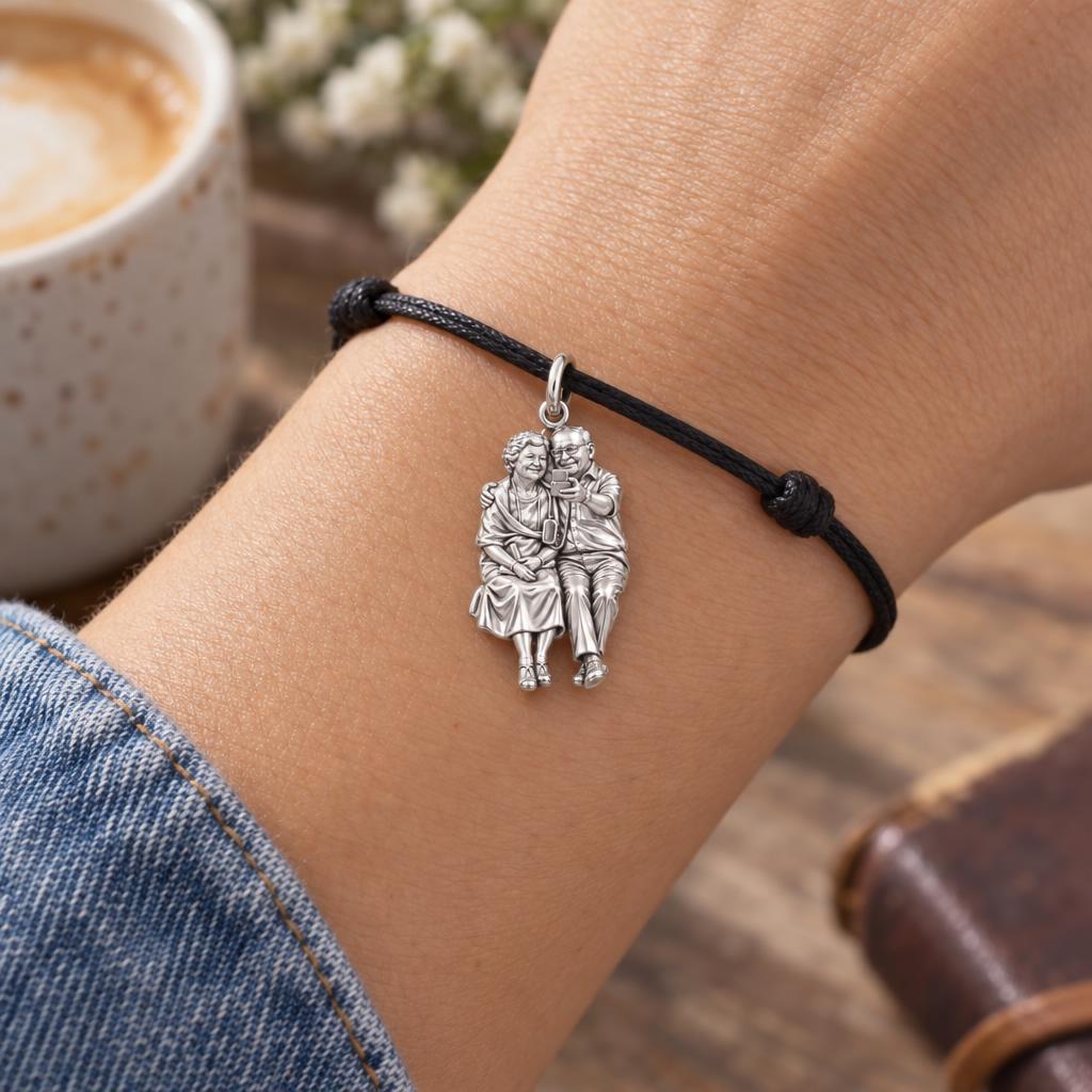 Lifetime Together Selfie Charm Bracelet – Personalized Couple Gift – worn on the wrist on a black cord bracelet