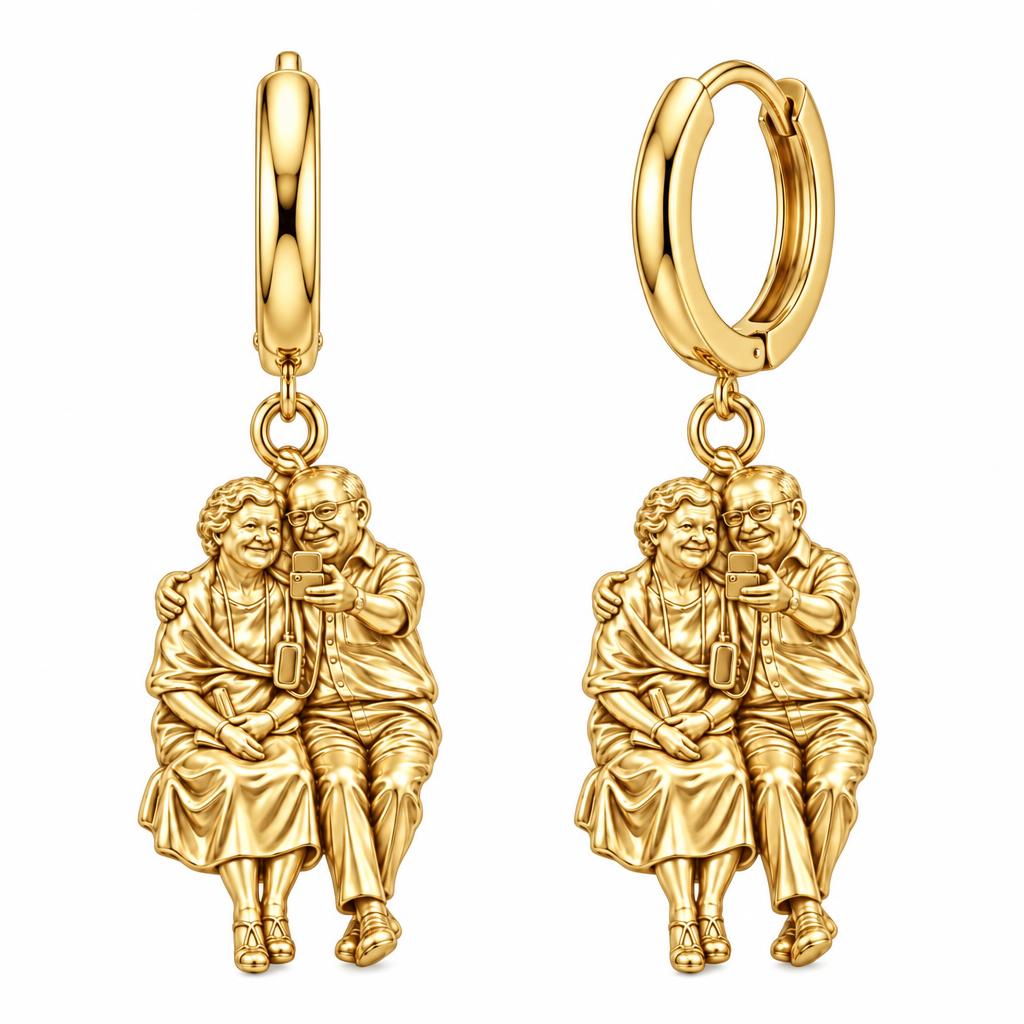 Lifetime Together Selfie Huggie Charm Earrings – 18K gold, front view