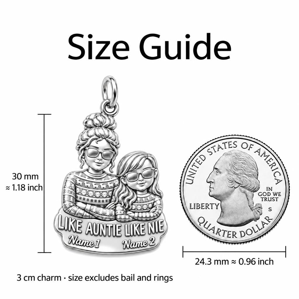 Like Auntie Like Niece Charm Bracelet – Personalized Aunt Gift – size guide, 3 cm charm next to a quarter