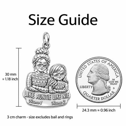 Like Auntie Like Niece Charm Bracelet – Personalized Aunt Gift – size guide, 3 cm charm next to a quarter