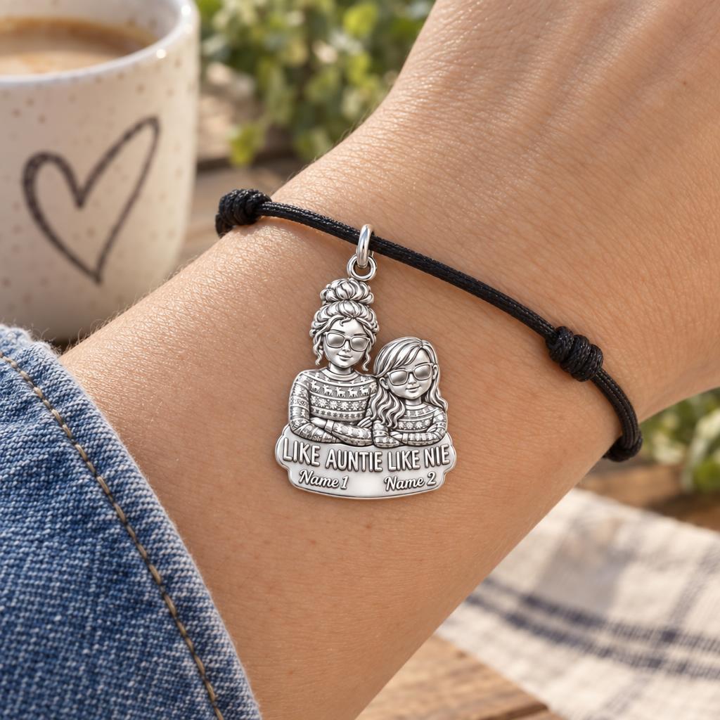 Like Auntie Like Niece Charm Bracelet – Personalized Aunt Gift – worn on the wrist on a black cord bracelet