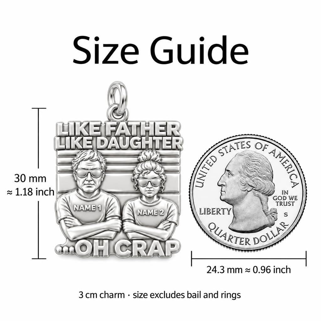 Like Father Like Daughter Charm Bracelet – Personalized Dad Gift – size guide, 3 cm charm next to a quarter