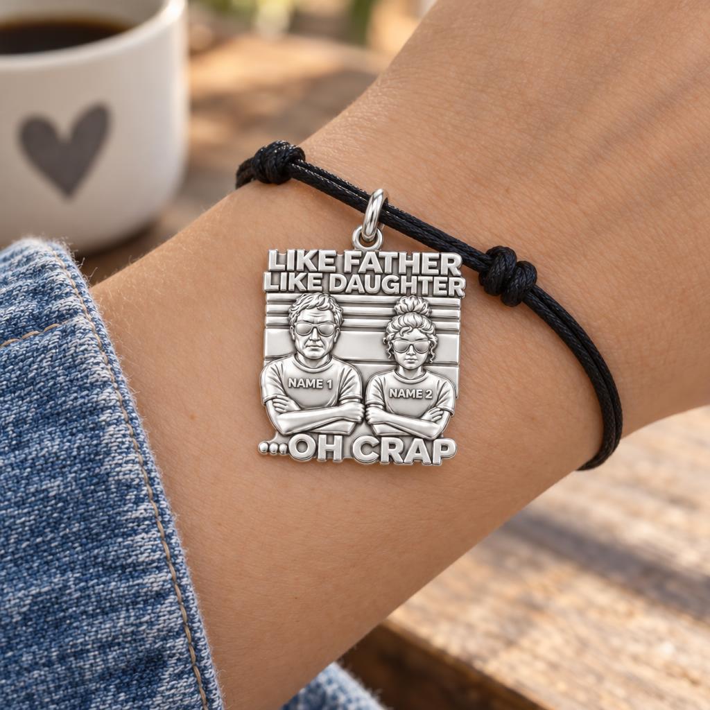Like Father Like Daughter Charm Bracelet – Personalized Dad Gift – worn on the wrist on a black cord bracelet