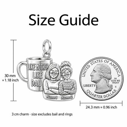 Like Mother Like Daughter Charm Bracelet – Personalized Mom Gift – size guide, 3 cm charm next to a quarter