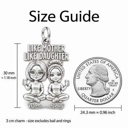 Like Mother Like Daughter Charm Bracelet – Personalized Mom Gift – size guide, 3 cm charm next to a quarter
