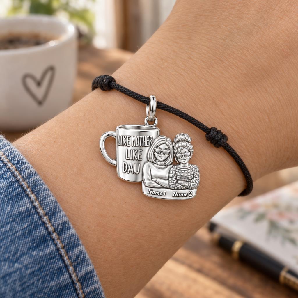 Like Mother Like Daughter Charm Bracelet – Personalized Mom Gift – worn on the wrist on a black cord bracelet