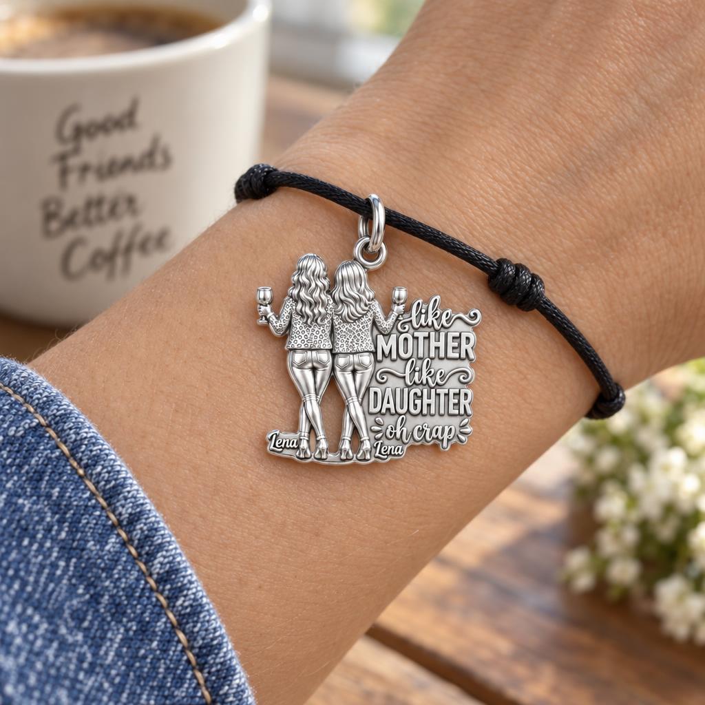 Like Mother Like Daughter Charm Bracelet – Personalized Mom Gift – worn on the wrist on a black cord bracelet