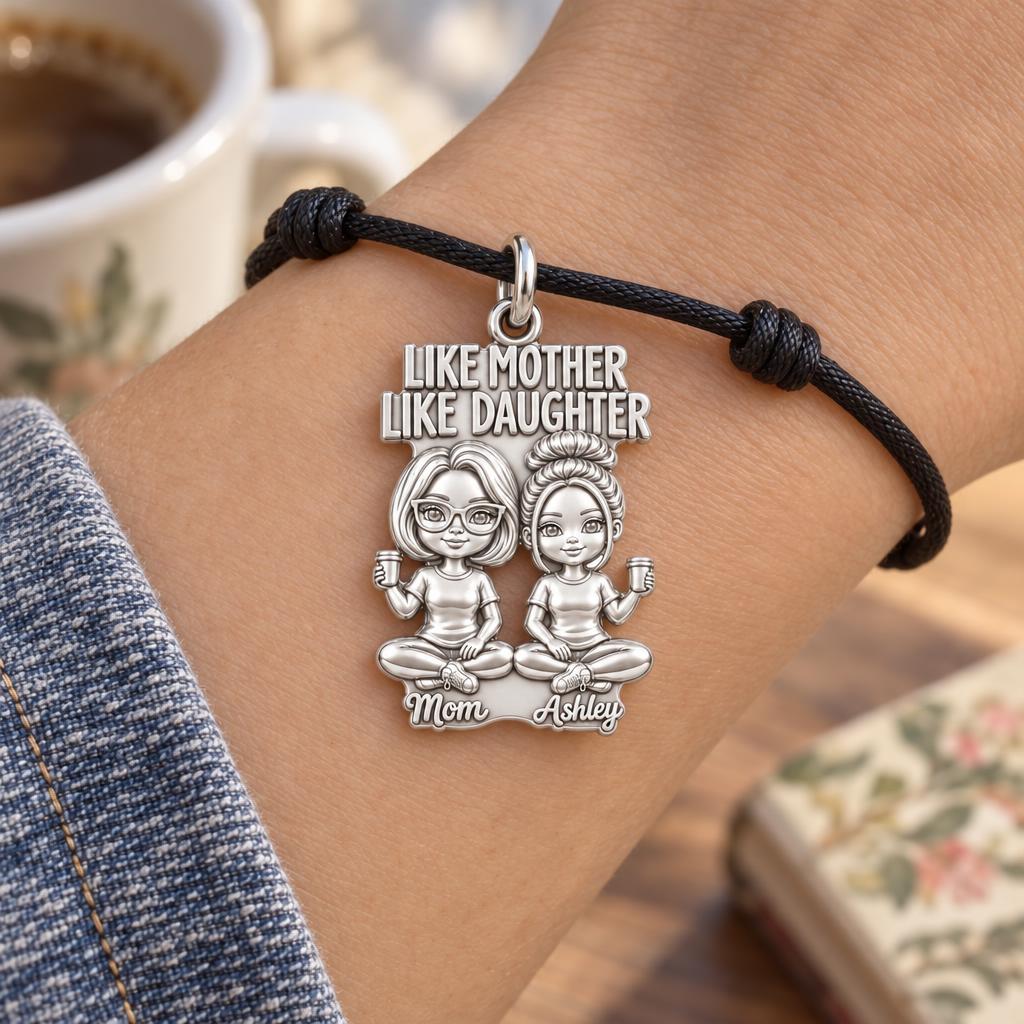 Like Mother Like Daughter Charm Bracelet – Personalized Mom Gift – worn on the wrist on a black cord bracelet