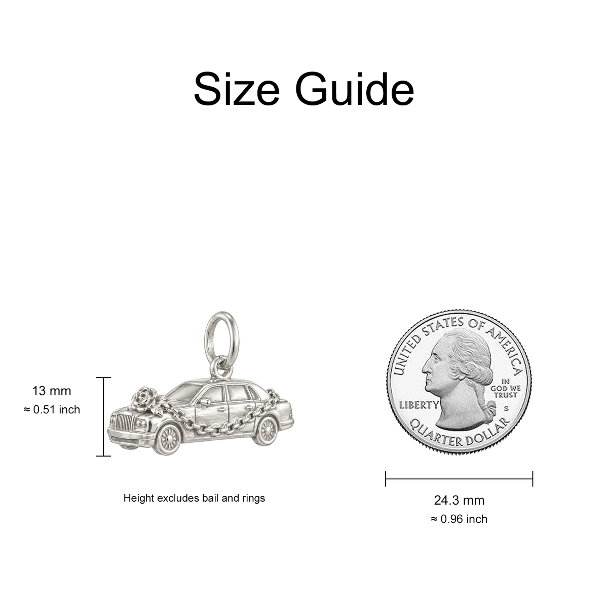 Limousine and Silver Chain Charm — Size Guide — 13 mm body excluding bail and rings — 50-works-silver-20260916-105
