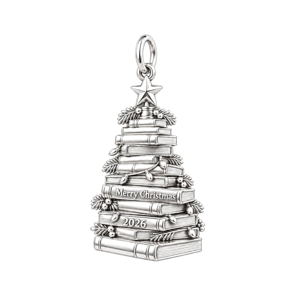 Literary Christmas Tree Charm Bracelet – Personalized Book Mom Gift – silver charm, front view