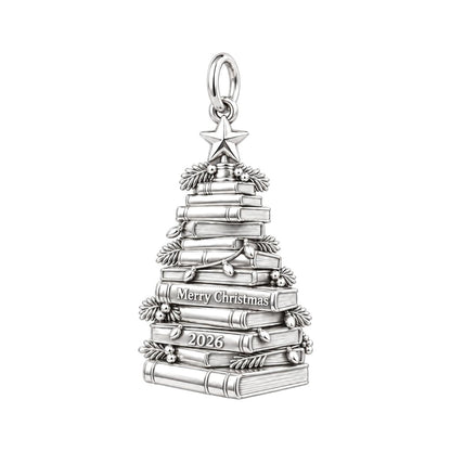Literary Christmas Tree Charm Bracelet – Personalized Book Mom Gift – silver charm, front view