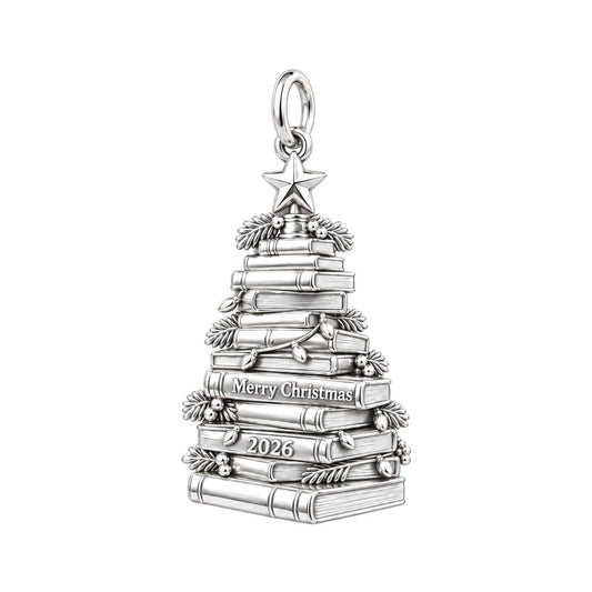 Literary Christmas Tree Charm Bracelet – Personalized Book Mom Gift – silver charm, front view