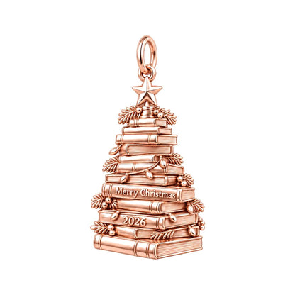 Literary Christmas Tree Charm Bracelet – Personalized Book Mom Gift – rose gold charm, front view