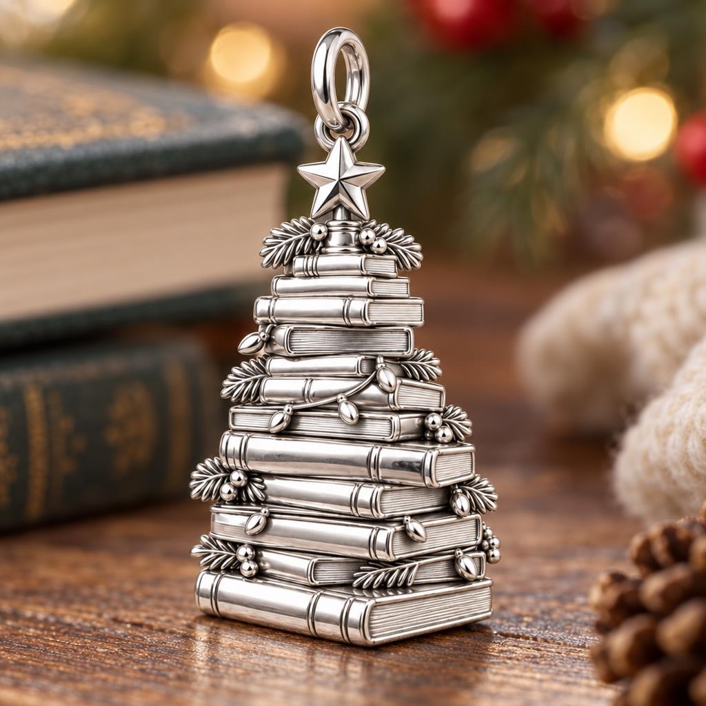Literary Christmas Tree Charm Bracelet – Personalized Book Mom Gift – macro detail of the charm