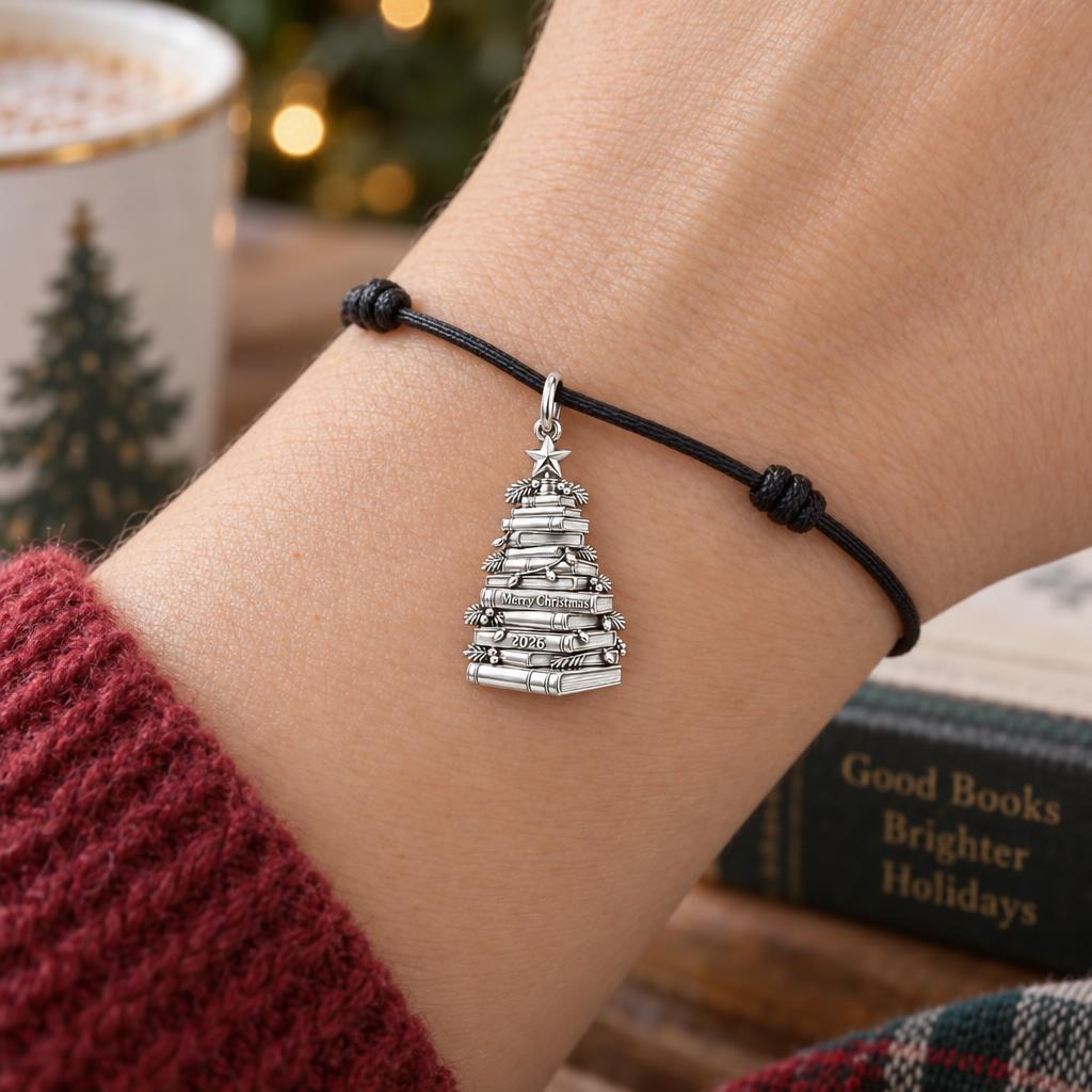 Literary Christmas Tree Charm Bracelet – Personalized Book Mom Gift – worn on the wrist on a black cord bracelet