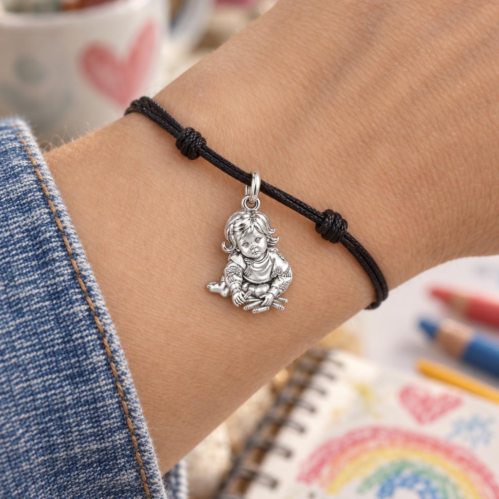 Little Artist Portrait Charm Bracelet – Personalized Mom Gift – worn on the wrist on a black cord bracelet