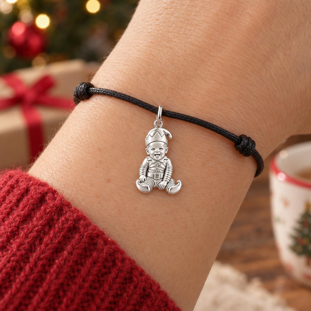 Little Christmas Elf Charm Bracelet – Personalized Mom Gift – worn on the wrist on a black cord bracelet