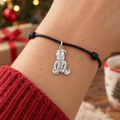 Little Christmas Elf Charm Bracelet – Personalized Mom Gift – worn on the wrist on a black cord bracelet