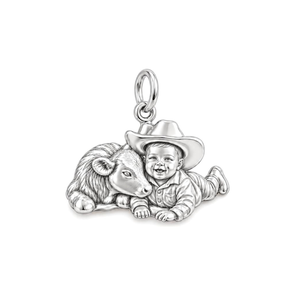 Little Cowboy and Calf Charm Bracelet – Personalized Baby Gift – silver charm, front view