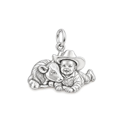 Little Cowboy and Calf Charm Bracelet – Personalized Baby Gift – silver charm, front view